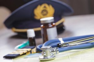 An image showing a pilot's cap and medical equipment to illustrate the FAA medical exam for pilots.